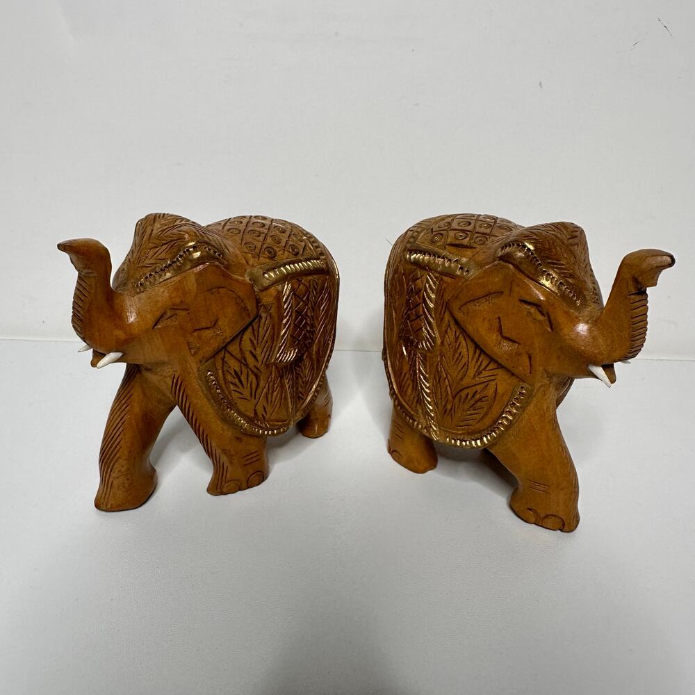 Vintage Wooden Carved Elephants Pair of 2 Gold Art Deco 3 inch Figurines w/Tusks
